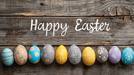Happy easter greeting with a colorful display of decorative eggs on rustic wood