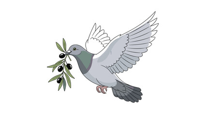 Obraz premium Realistic illustration of a pigeon in flight, carrying an olive branch with black olives in its beak, symbolizing peace and nature.