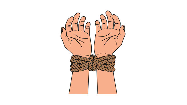 Pair of hands with wrists securely tied together by a thick rope, symbolizing captivity, restraint, human rights issues, or being bound.