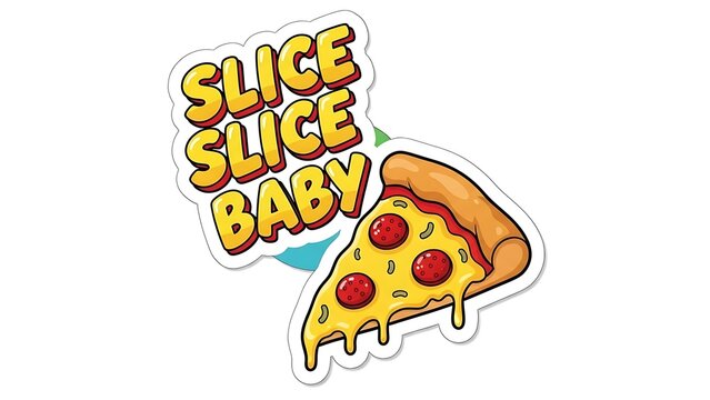 A cheesy cartoon pizza slice sticker with the playful text 'slice slice baby'