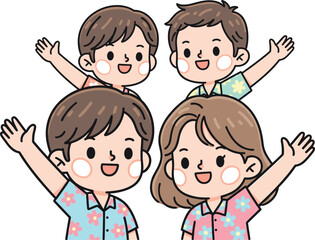 Cute cartoon group of children wearing floral shirts waving hands happily