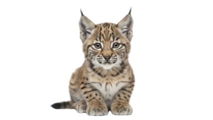 Young Eurasian Lynx cub sitting, looking forward with spotted coat pattern isolated PNG with Transparent Background