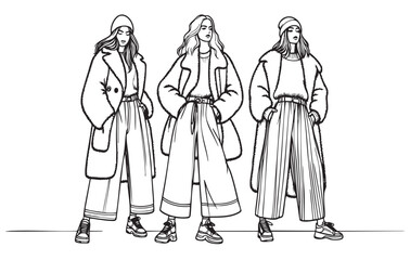 Hand drawn winter, fashion sketch, girl.  illustration