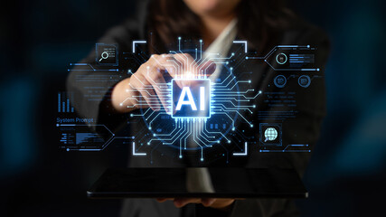 A futuristic AI core processor and system analytics dashboard. This concept highlights the raw processing power of AI for deep data analysis, system diagnostics, and global network monitoring. Fermion