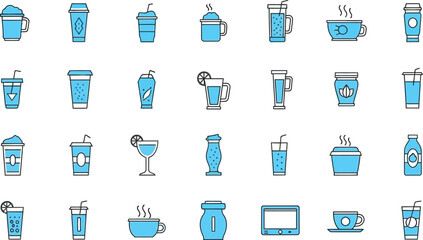 Collection of various drink illustrations in blue cups and glasses