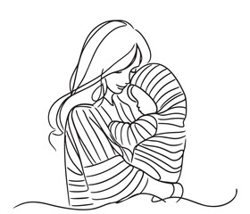 mother and son hugging. Happy family, silhouette, sketch, black and white