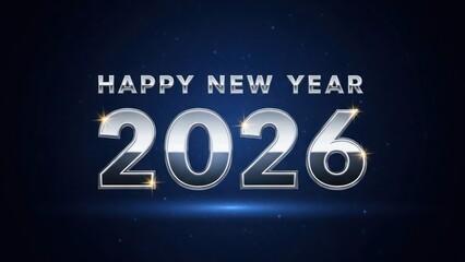 Happy New Year 2026 silver text on dark blue background