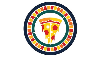 Stylized illustration of a colorful pizza slice inside a decorative oval frame