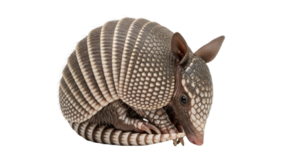Nine-banded Armadillo (Dasypus novemcinctus) rolled into a protective ball pose. isolated PNG with Transparent Background