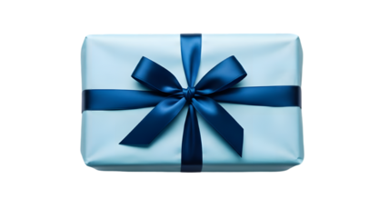 A gift wrapped in white paper with a blue ribbon