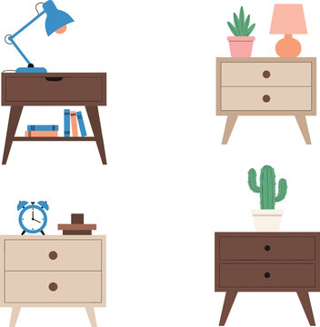 Modern wooden bedside table vector set featuring nightstands with desk lamps alarm clocks and potted succulent plants for bedroom interior furniture designs.
