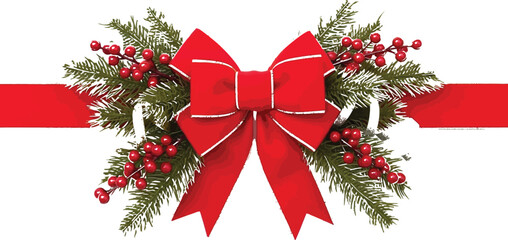 Christmas Decoration Red Bow with Holly Berries and Pine