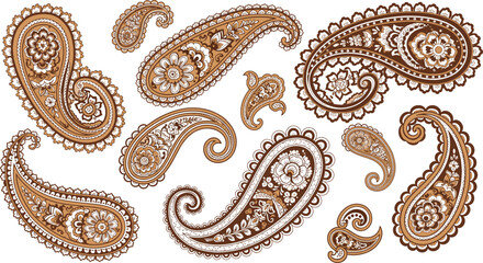 Traditional paisley vector set featuring intricate floral teardrop patterns and ethnic decorative ornaments in brown and white for textile and wallpaper designs. © MdMunzurul