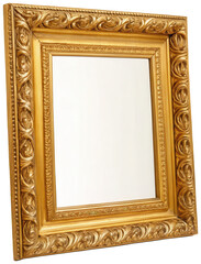Ornate, highly detailed golden picture frame with intricate floral and leaf carvings in a baroque style, presented at a slight angle with soft, diffused lighting, isolated on transparent background.
