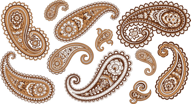 Traditional paisley vector set featuring intricate floral teardrop patterns and ethnic decorative ornaments in brown and white for textile and wallpaper designs.