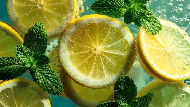 Fresh lemon slices and mint leaves float in clear bubbly water with bright colors and a natural scene captured in afternoon light
