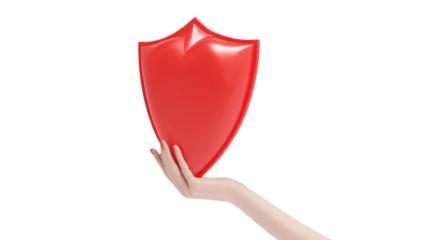 Hand Holding Red Shield on Isolated Background