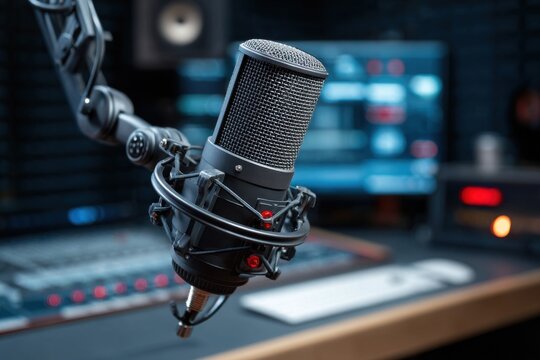 Modern radio studio featuring advanced microphone equipment for dynamic broadcasting and recording sessions