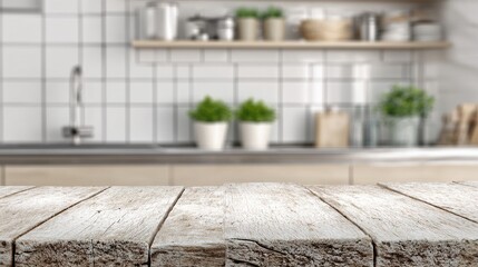 Rustic wooden table with white powder in a modern blurred kitchen background, ideal for product display