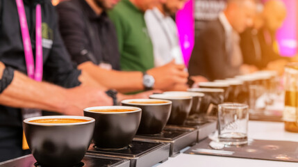 Judges and competitors focusing on a line of espresso cups, engaging in a coffee competition, cupping, or quality evaluation