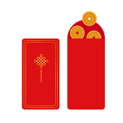 Luxury Chinese red packet with golden Chinese knot logo and gold coins overflowing from the envelope.Hongbao icon symbol.Vector graphic of Lunar New Year element.