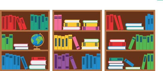 Flat vector illustration of wooden library bookshelves filled with colorful books a globe and stationery for education school and home study designs. © MdMunzurul