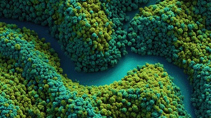 Aerial view of a vibrant winding river cutting through a dense, stylized forest