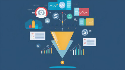Digital sales funnel analysis infographic with charts graphs and money symbols on blue