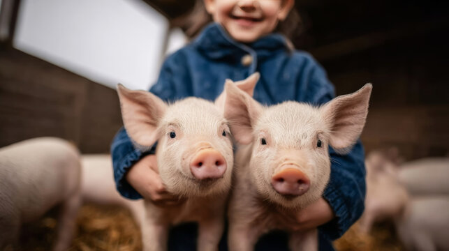 Child holding two cute piglets on a farm, kid learning animal care and responsibility with livestock
