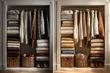 Before and after closet organization with messy piles of clothes transformed into tidy wardrobe with neatly arranged outfits. Concept of home storage, fashion organization, declutter