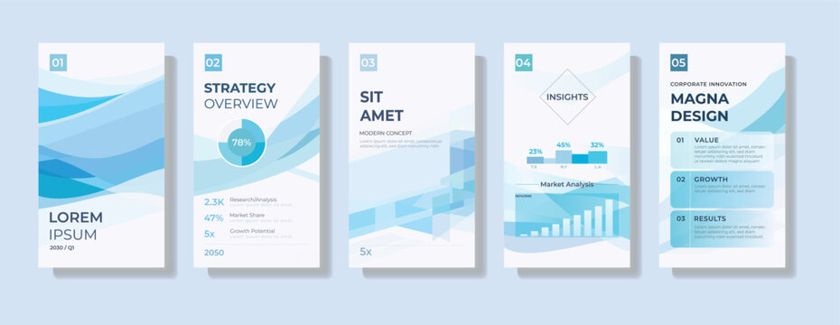 Business performance presentation template set featuring strategic overview slides, data visualization charts and clean blue wave layouts designed for corporate reporting and executive communication