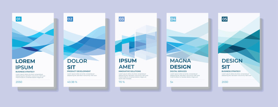 Professional business poster layout set with blue and teal geometric wave shapes and clean structured design created for corporate presentations, reports, brochures and modern branding materials