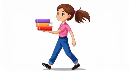 Young woman painting a wall with a paint roller in a simple cartoon illustration