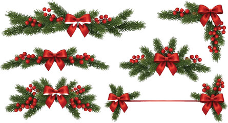 Christmas Garland Decorations with Red Bows and Berries