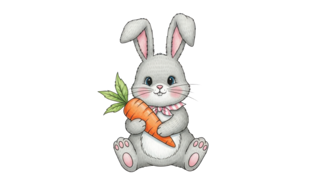 Cute Fluffy Gray Bunny Rabbit holding an Orange Carrot, Isolated Watercolor Illustration isolated PNG with Transparent Background - Powered by Adobe