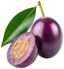 Deep purple, slightly textured plum fruit with a vibrant green leaf and a halved counterpart revealing its golden-yellow seed cavity, presented in a realistic, isolated on transparent background.