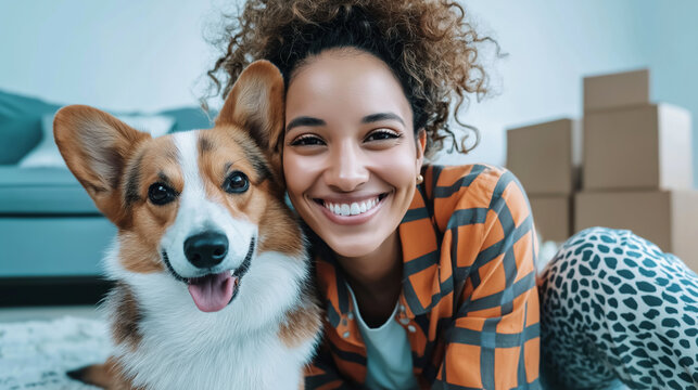 Young woman and happy Corgi dog smiling, moving to new home, domestic life with pet companion