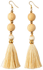 Delicate and handcrafted bohemian style drop earrings featuring smooth, light-colored wooden beads interspersed with gleaming gold-toned metal spacers,, isolated on transparent background.