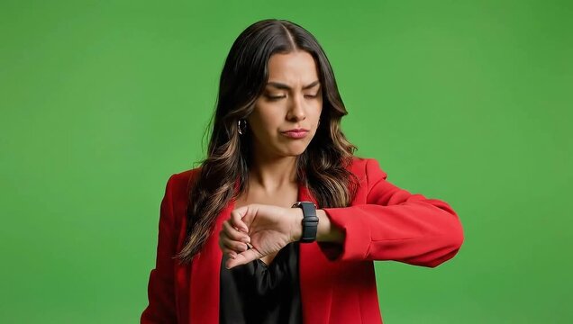 Woman in red blazer looking at watch with angry expression on green screen stock