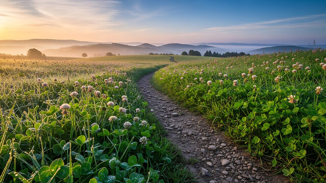 Serene sunrise path in flowery meadow