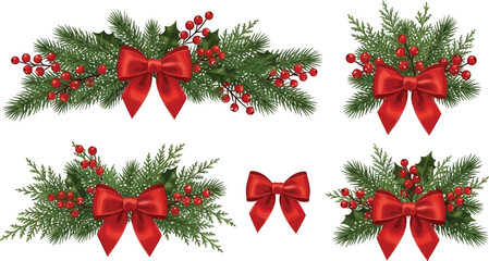 Christmas Decorations Pine Branches Red Bows Berries Arrangement