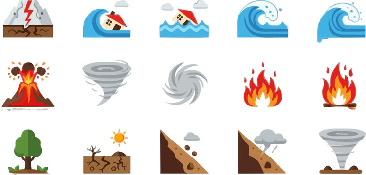 Collection of diverse natural disaster icons illustrating various environmental catastrophic events and global hazards