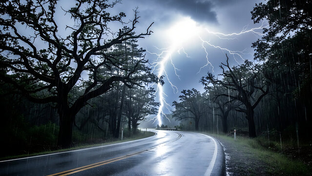 Stormy road with lightning