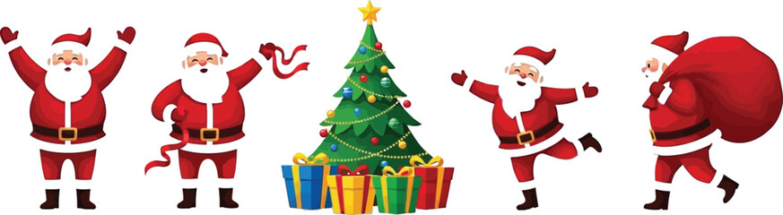 Five Santa Clauses Celebrating Christmas with Tree and Gifts