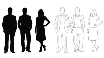 Silhouettes and line drawings of people standing in formal attire