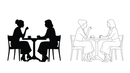 Silhouettes of people seated at tables engaged in conversation or dining
