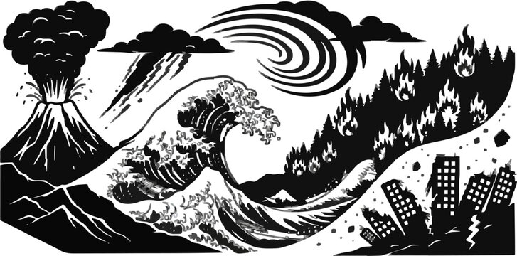 Natural Disasters Collage Volcano, Tsunami, Wildfire, and Hurricane Imagery