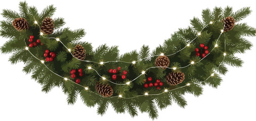 Christmas Garland with Pinecones and Berries Decorated with Lights