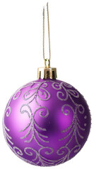 Lustrous purple glass Christmas ornament with delicate silver glitter swirls adorning its spherical surface, hangs gracefully from a golden cord and cap,, isolated on transparent background.