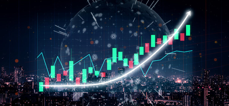 This vibrant abstract visual illustrates a financial chart depicting growth trends over a modern cityscape, combining digital elements and data visualization techniques. Impute - Powered by Adobe